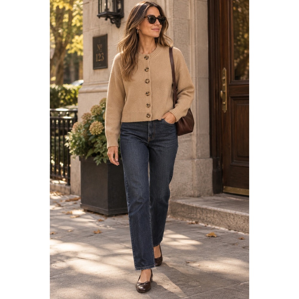 Quince Organic Cotton Cropped Cardigan Camel Tan Button Front Sweater Large